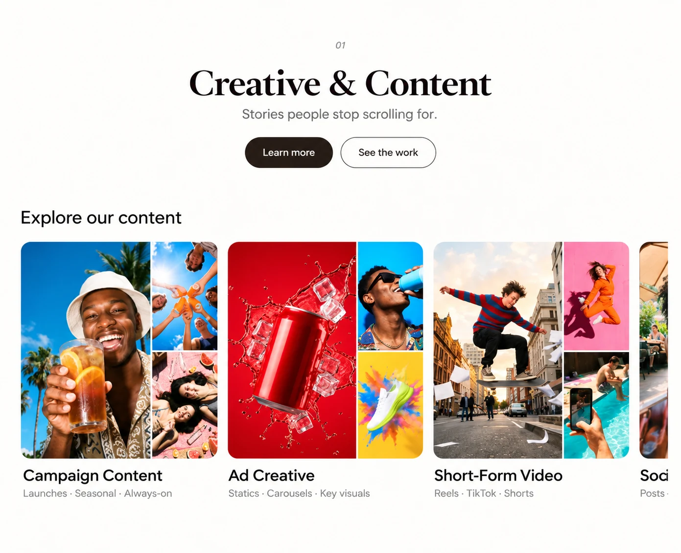 Creative and Content. Content cards for campaign content, ad creative, short-form video, and social and organic content