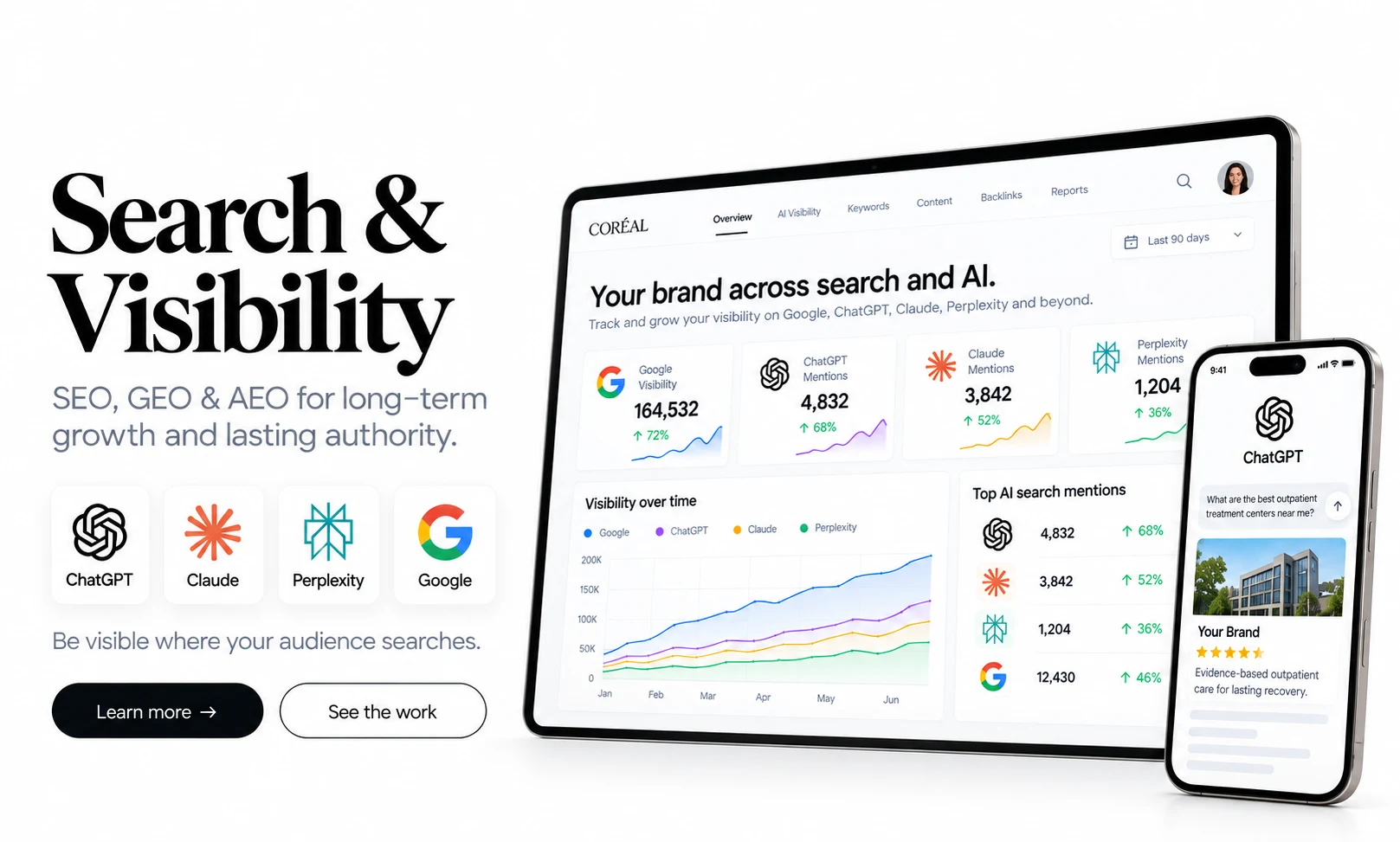 Search and Visibility: SEO, GEO and AEO dashboard tracking brand visibility on Google, ChatGPT, Claude and Perplexity